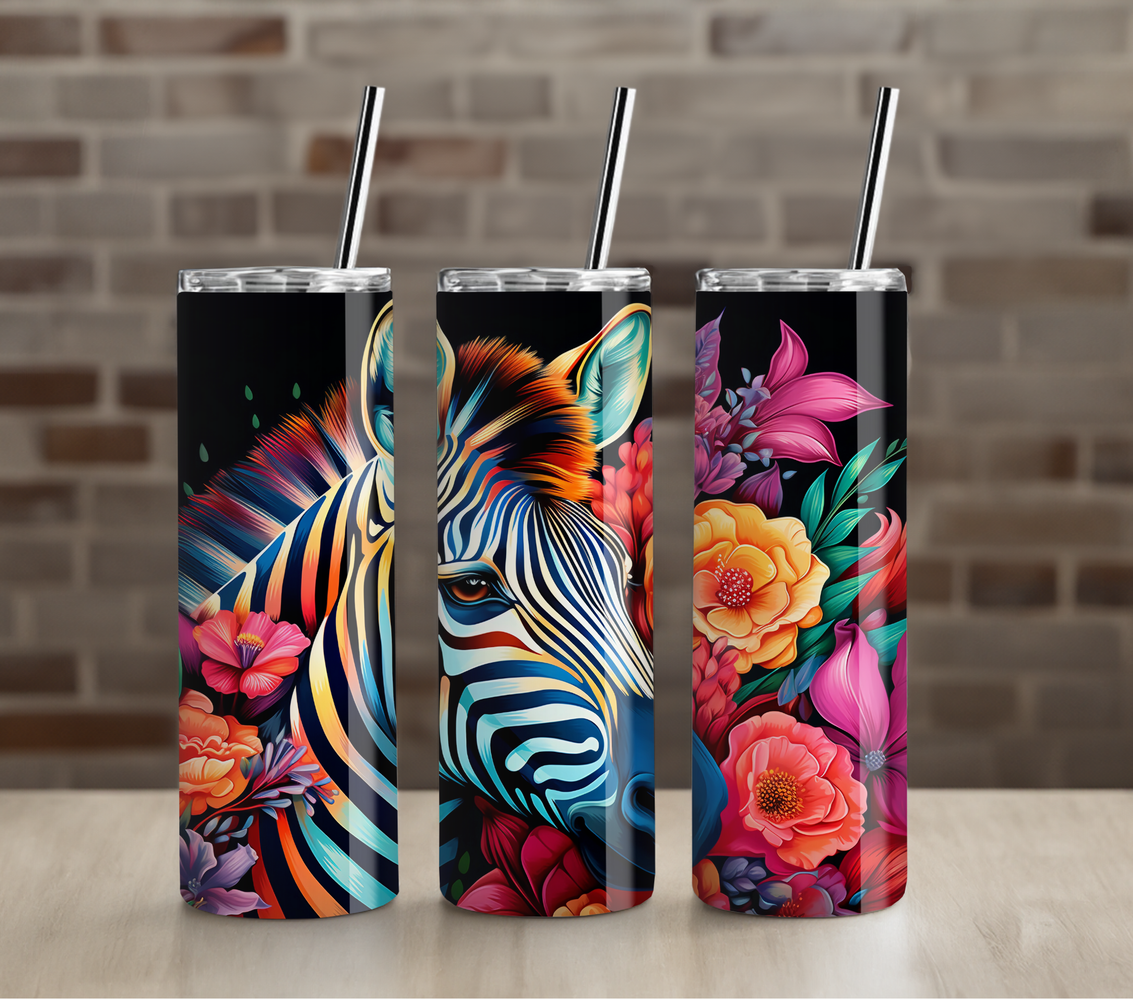 Vibrant Floral Zebra Tumbler | Colorful Animal Print | Premium 20oz Skinny Insulated Cup