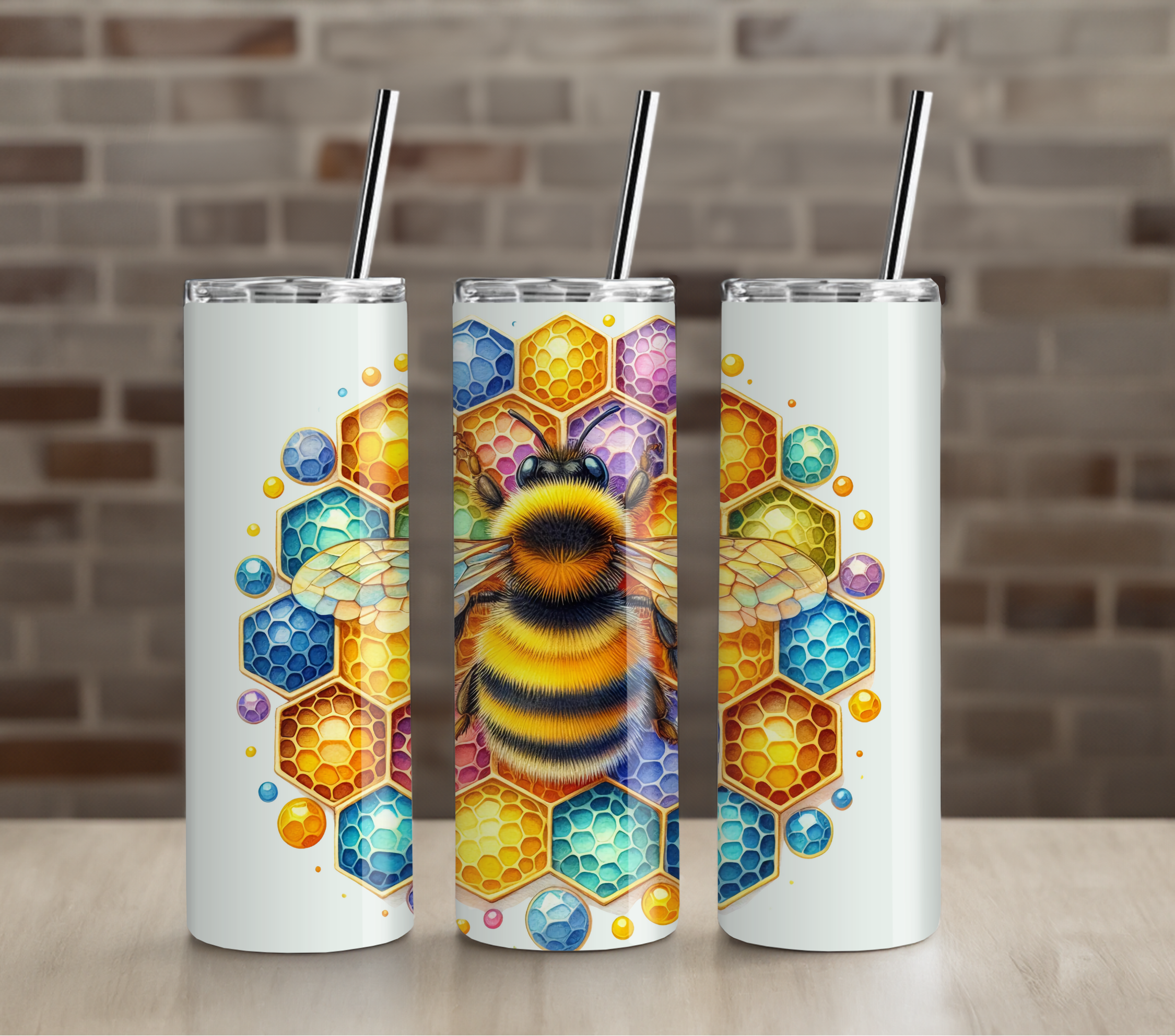Honey Bee Honeycomb Tumbler | Bright Yellow Bee Art | 20oz Skinny Stainless Steel Cup