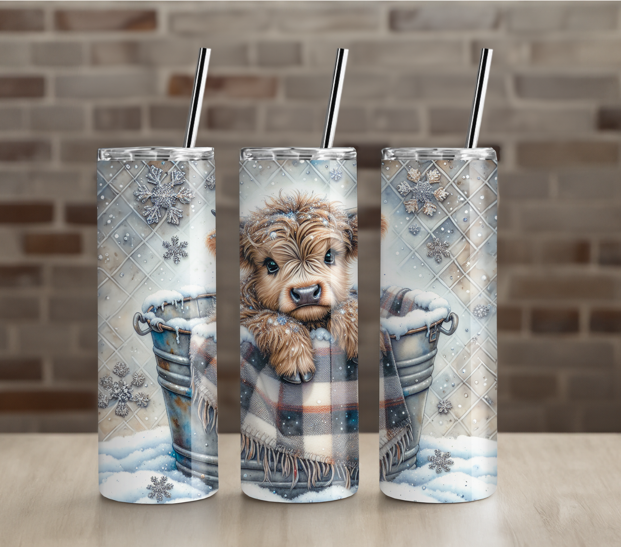 Highland Cow in Winter Bucket 20oz Skinny Tumbler