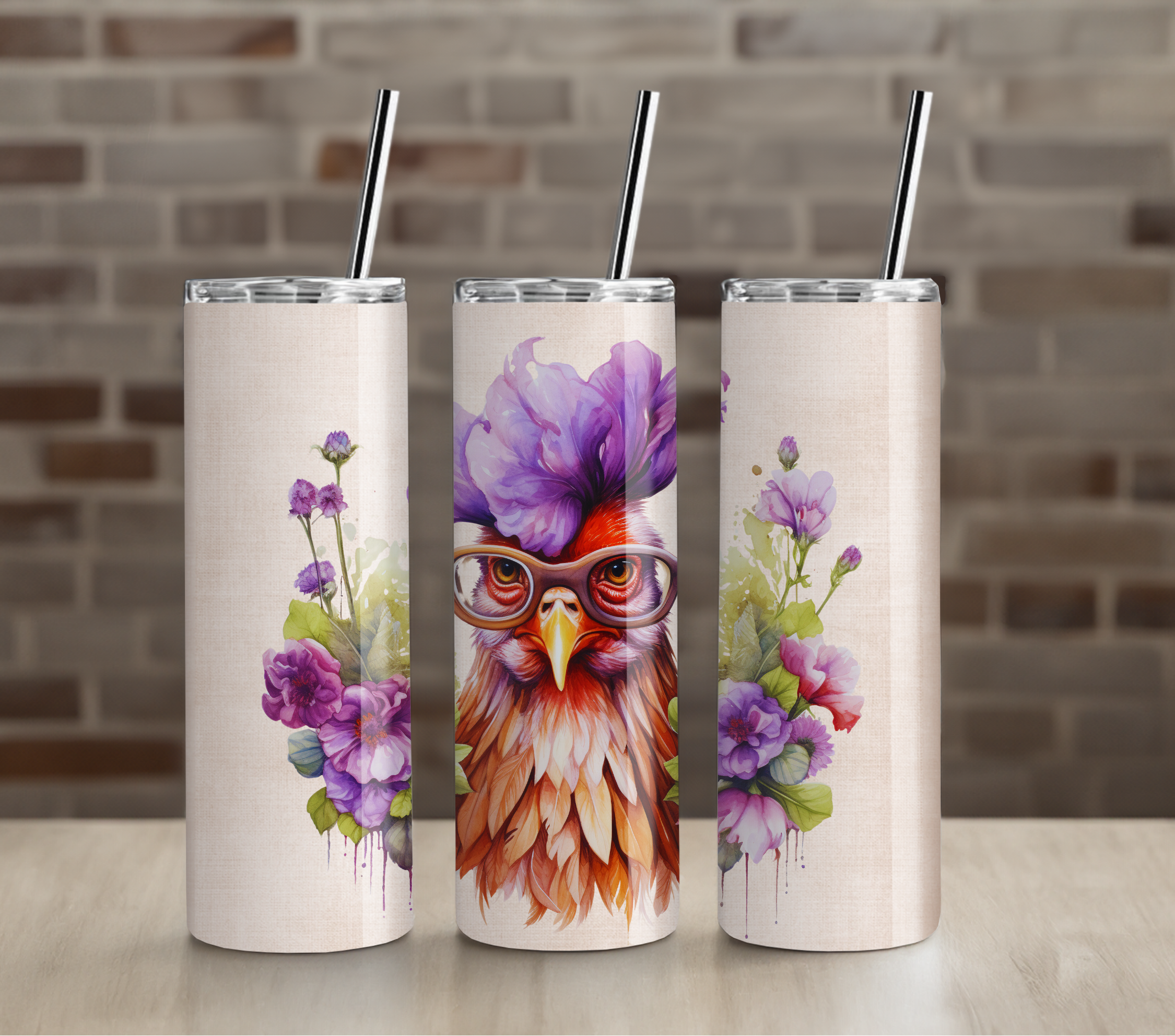 Purple Floral Hen Tumbler | Elegant Farmhouse Chicken Art | 20oz Skinny Insulated Cup