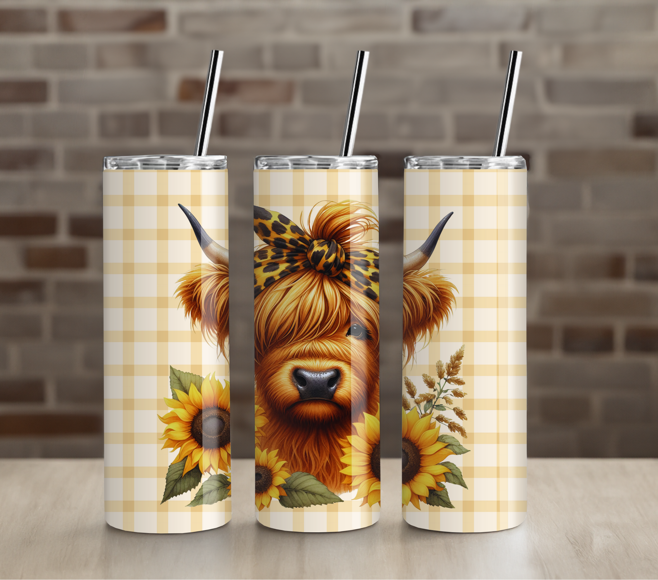 Highland Cow Sunflower Gingham Tumbler | Cute Cow Farmhouse Art | 20oz Skinny Cup