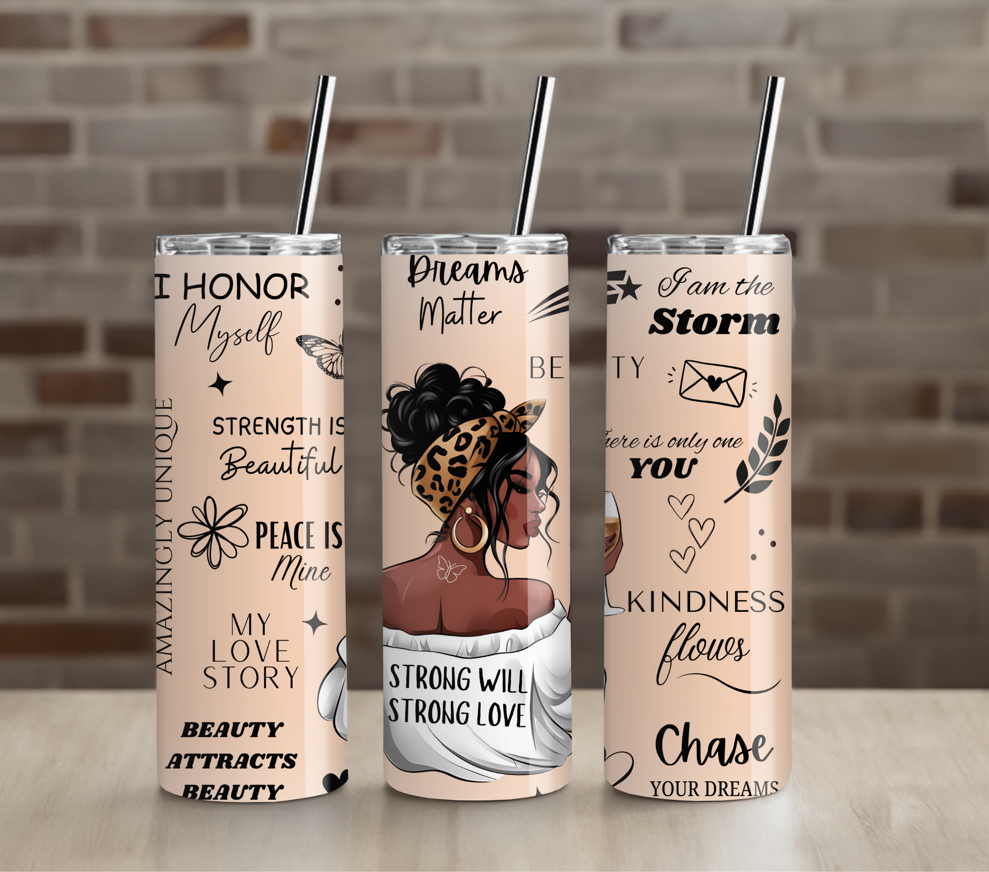 Peach Floral Woman Strength Tumbler | Motivational Feminine Art | 20oz Skinny Cup