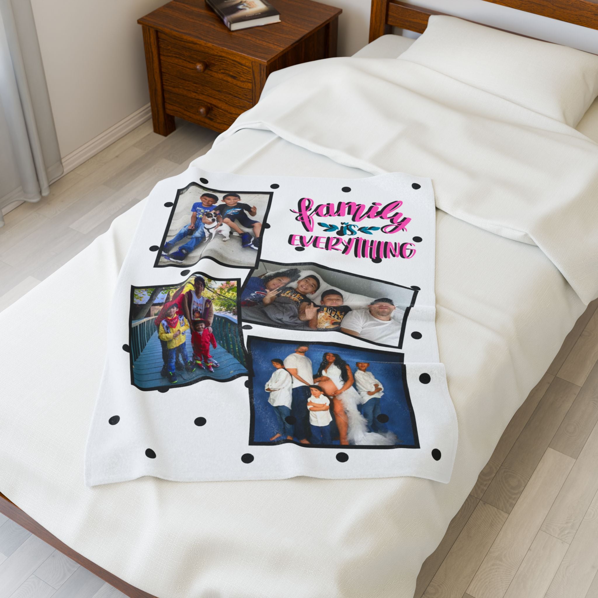 Photo Family Is Everything Black and White Polka Dot Blanket