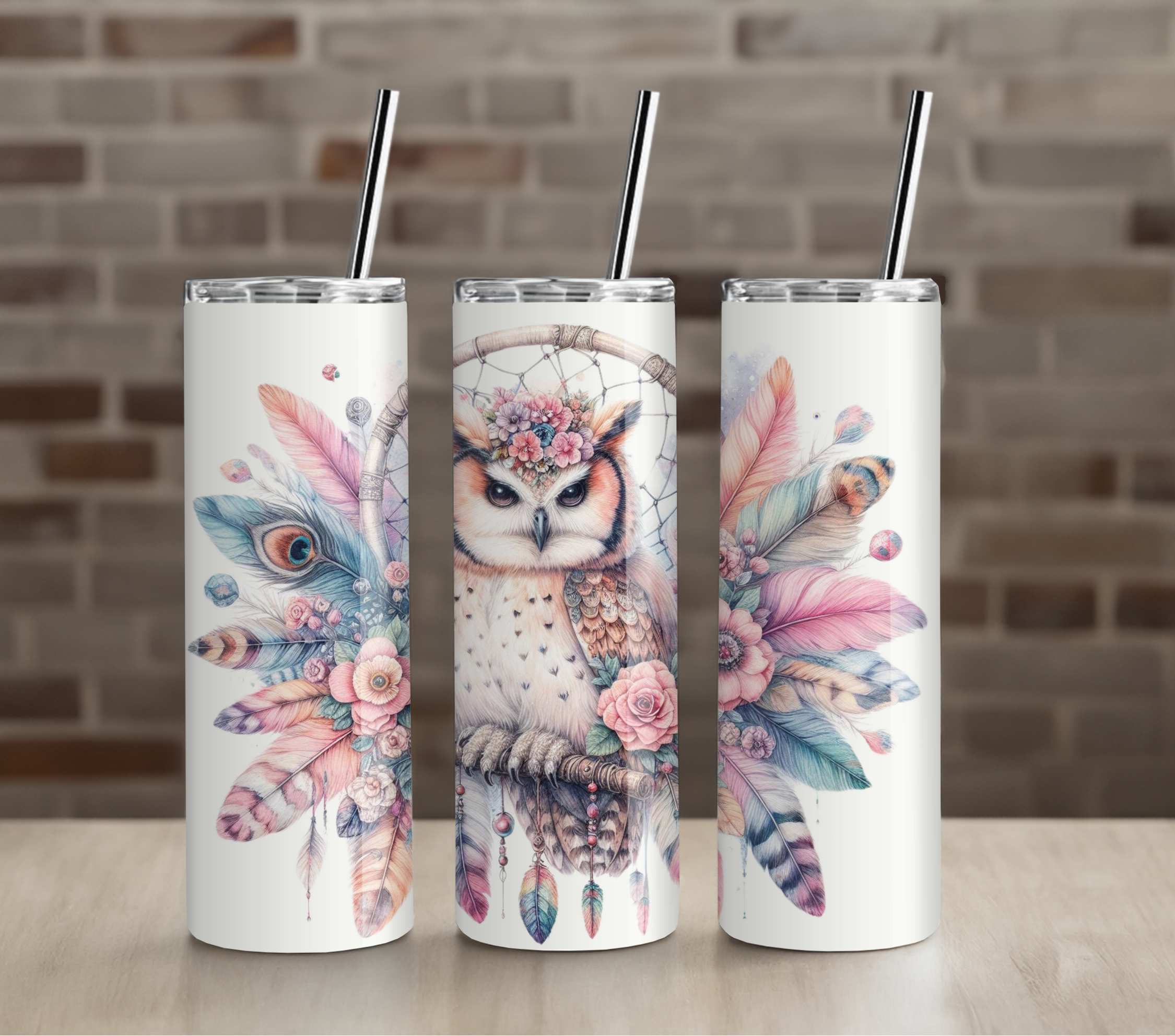 Pastel Baby Owl Tumbler | Cute Feathered Owl Art | 20oz Skinny Stainless Steel Cup