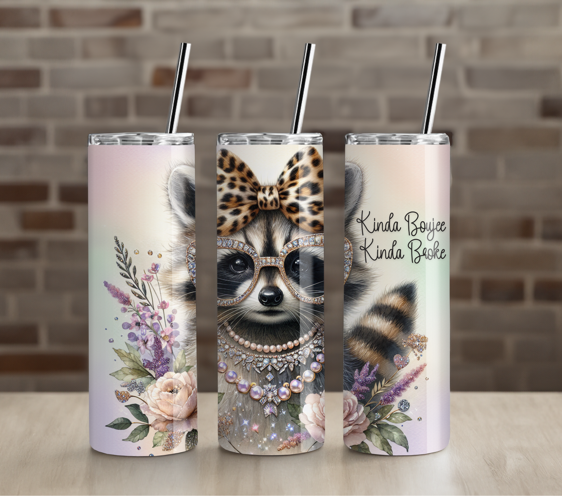 Pastel Raccoon Floral Tumbler | Cute Woodland Animal Art | 20oz Skinny Cup