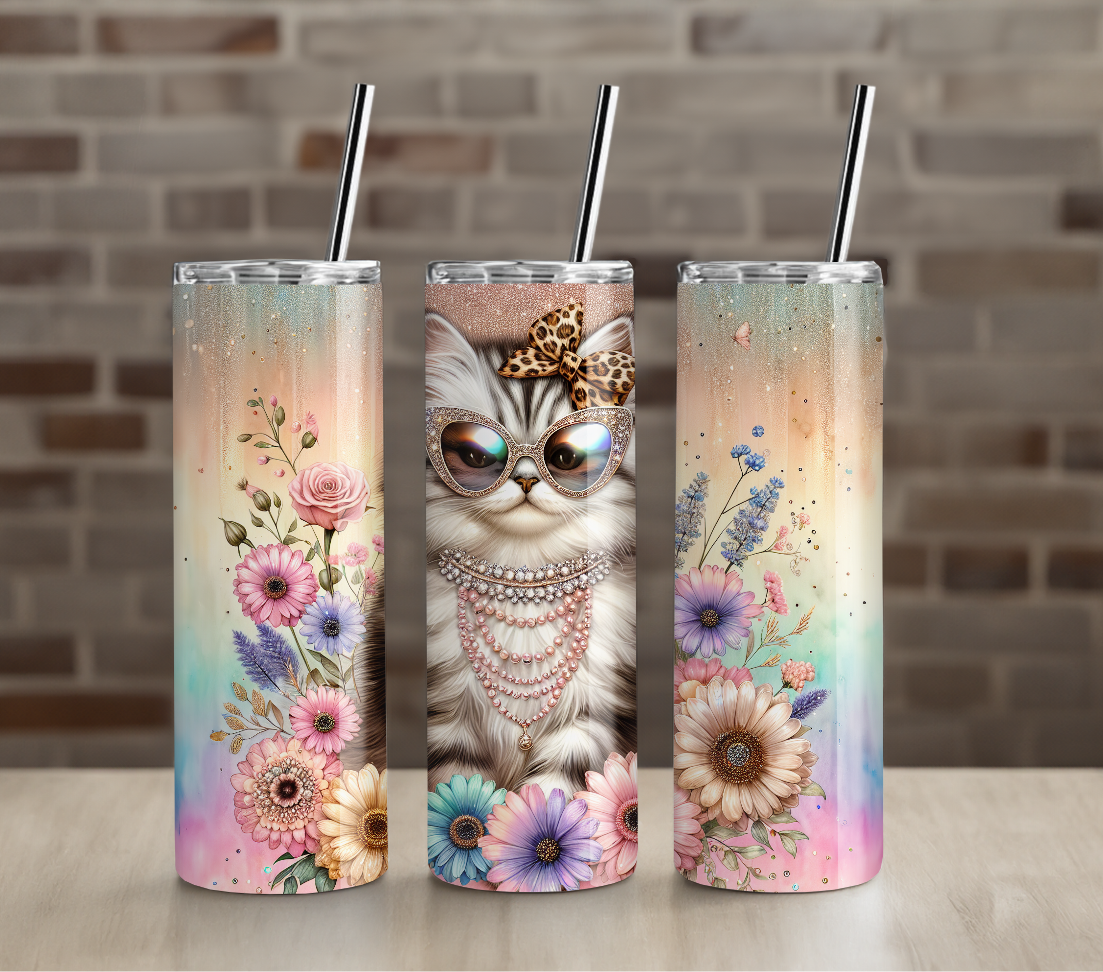 Boho Floral Cat Tumbler | Watercolor Kitty With Flowers | 20oz Skinny Insulated Cup