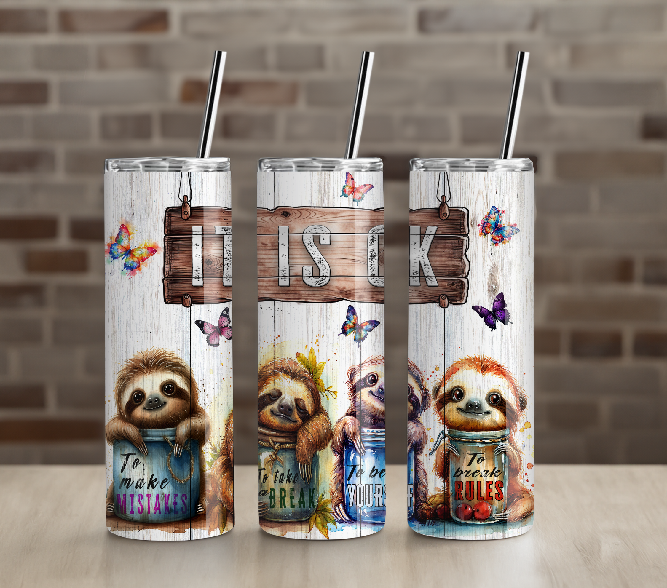 Cute Sloth Trio Tumbler | Sloths and Butterflies Floral Art | 20oz Skinny Insulated Cup