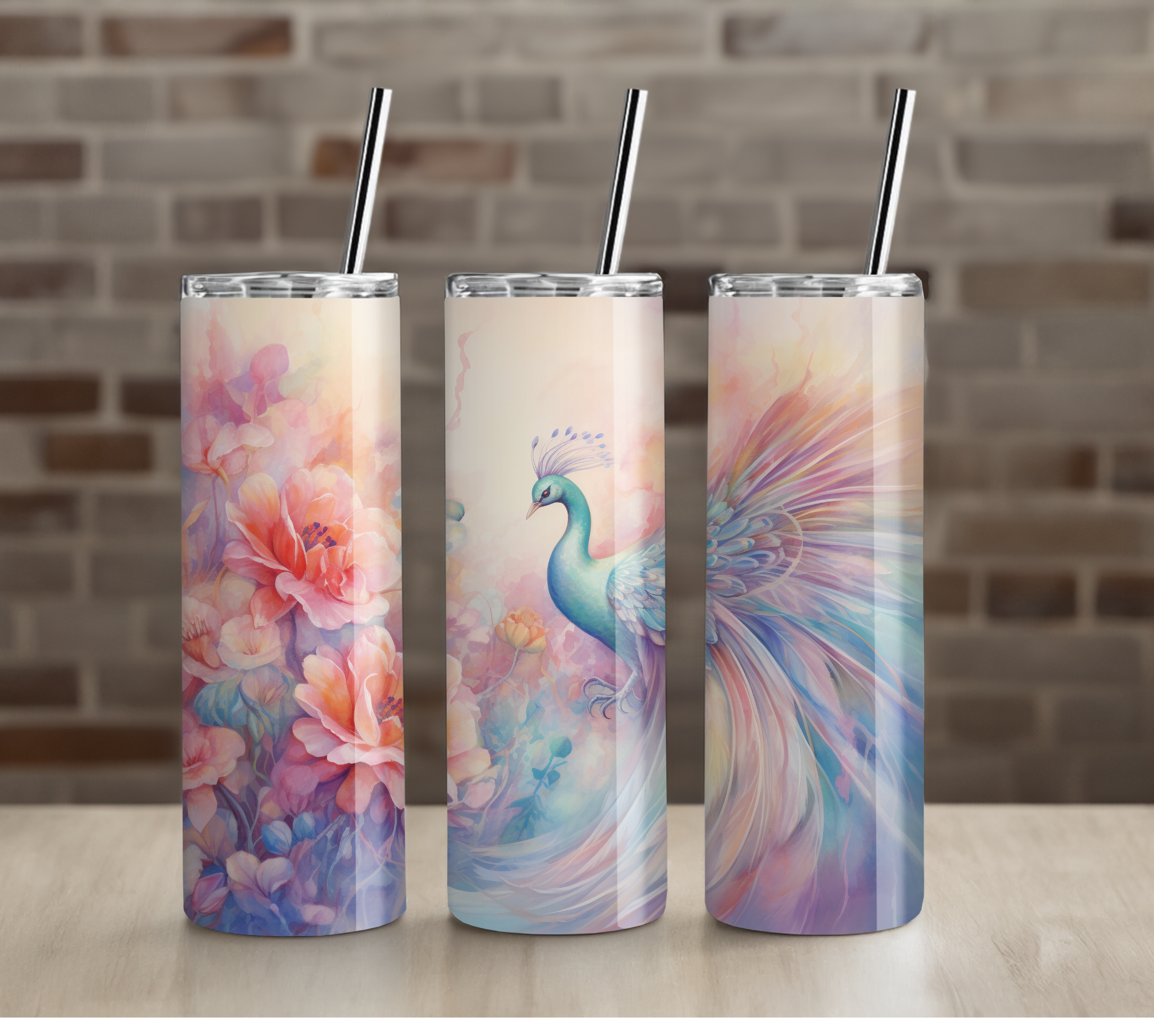 Pastel Peacock Floral Tumbler | Elegant Watercolor Bird Art | Premium 20oz Skinny Cup