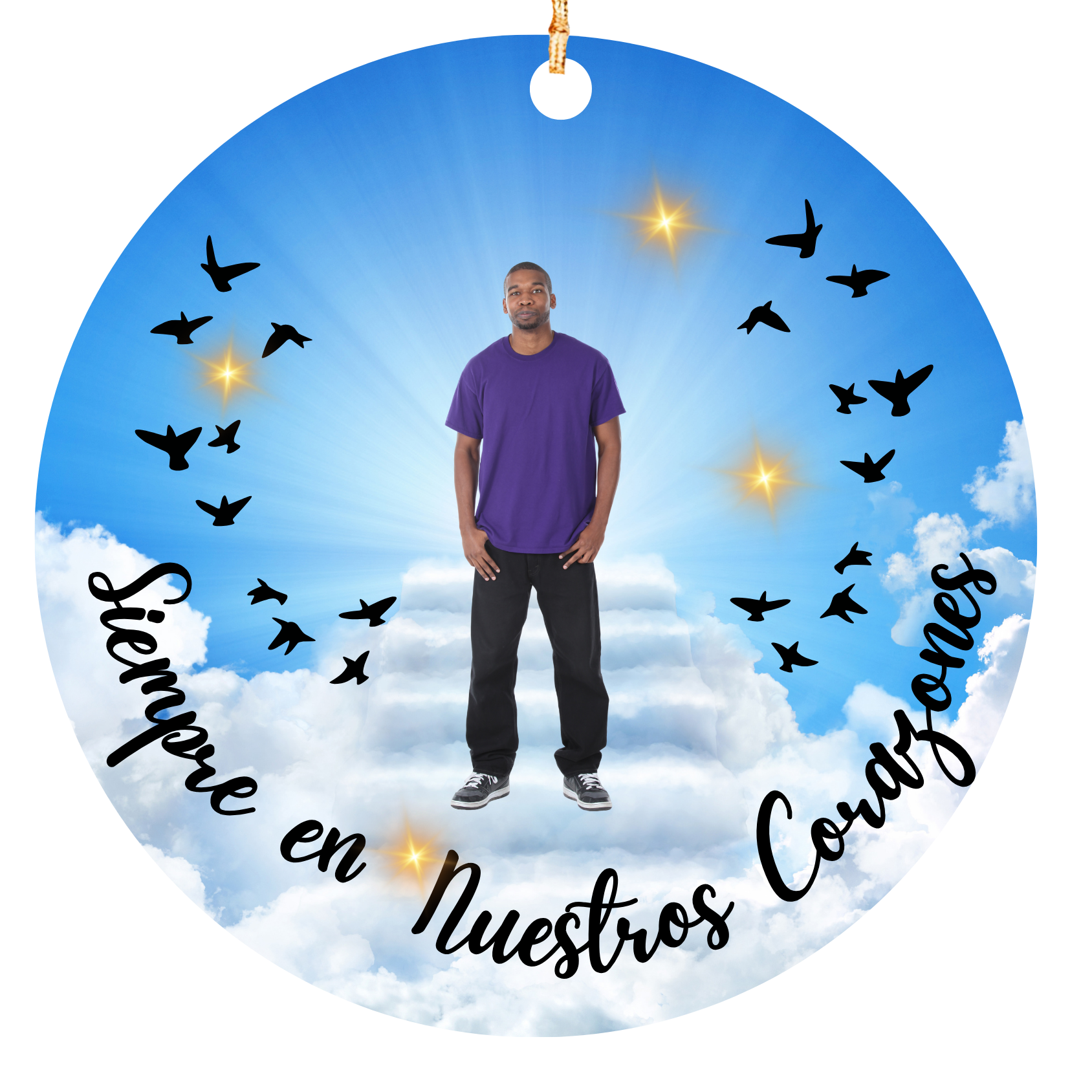 Esfera de Memorial Personalizado con Foto – “Siempre en Nuestros Corazones” – Ángel en el Cielo Recuerdo de Amor y Simpatía Navidad (Spanish Memorial Photo Ornament – Always in Our Hearts Angel Sky Remembrance Keepsake)