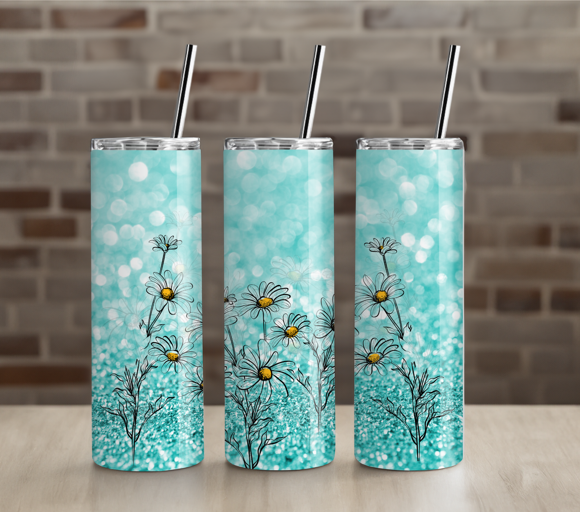Soft Aqua Floral Sparkle 20oz Skinny Tumbler