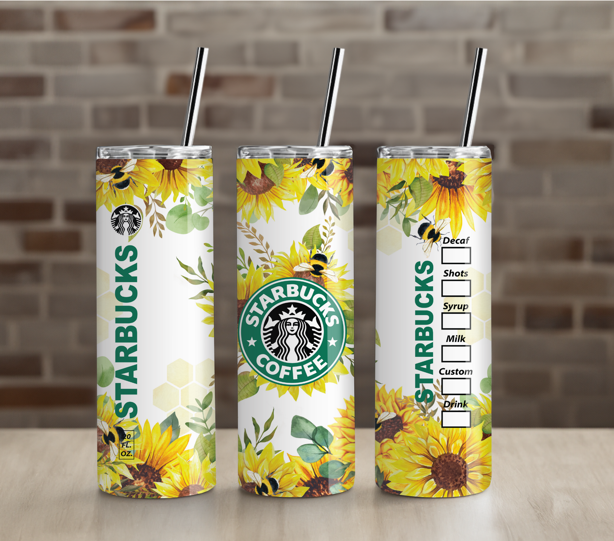 Rustic Sunflower & Bee 20oz Skinny Tumbler