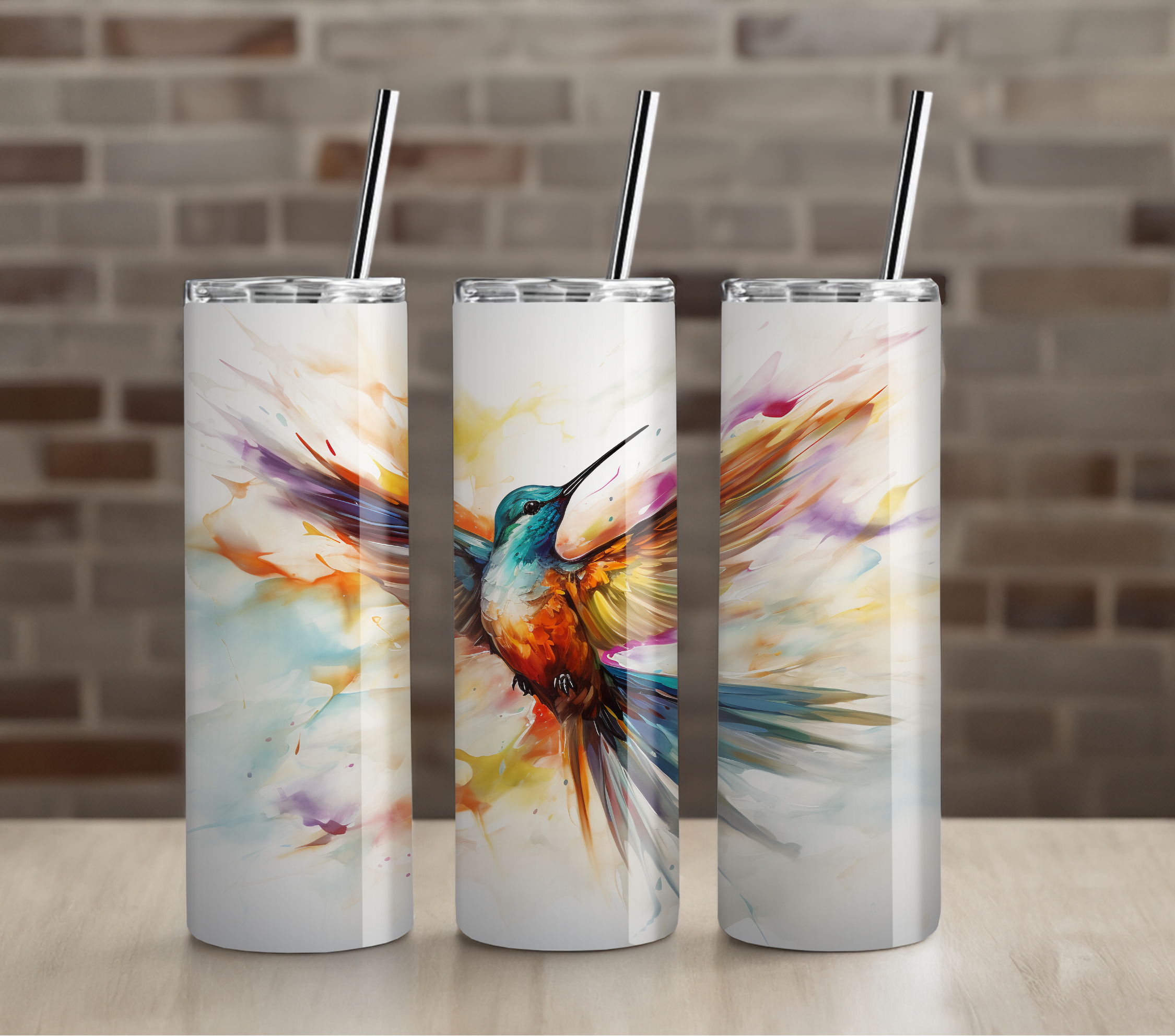 Watercolor Hummingbird Splash Tumbler | Artistic Bird Painting | 20oz Skinny Stainless Steel Cup