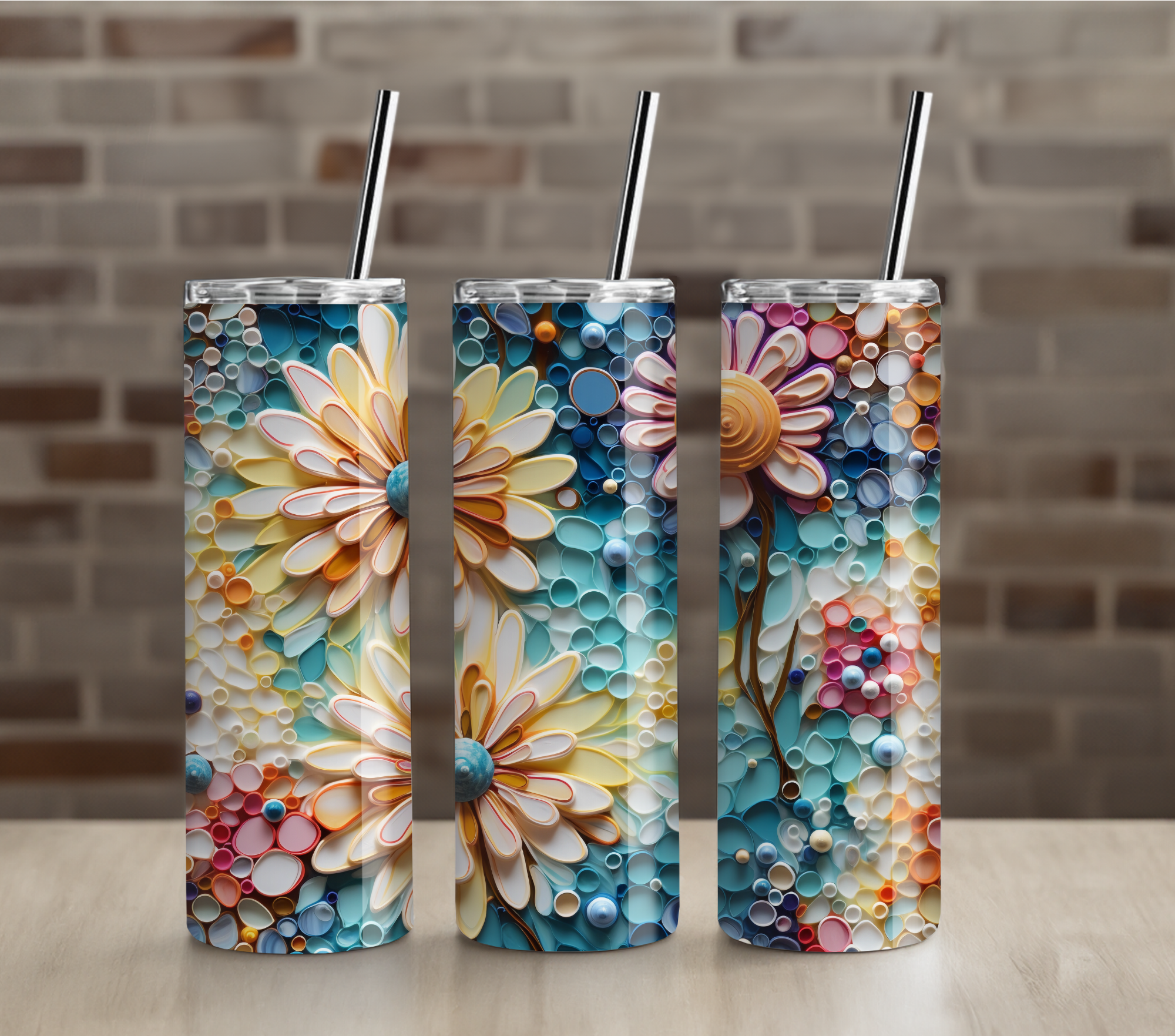 Colorful Daisy Mosaic Floral 20oz Skinny Tumbler