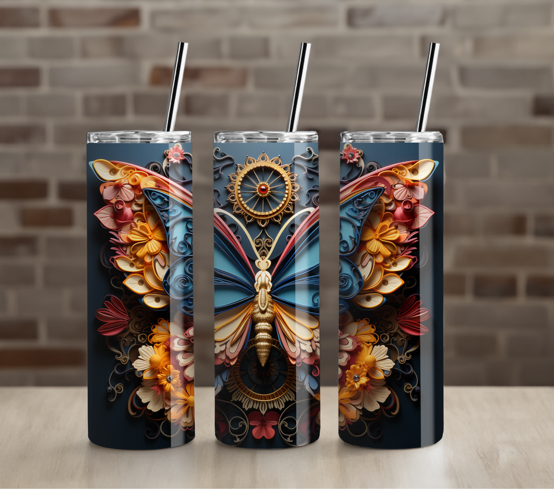 Steampunk Butterfly Tumbler | Mechanical Gear Floral Design | Premium 20oz Skinny Cup