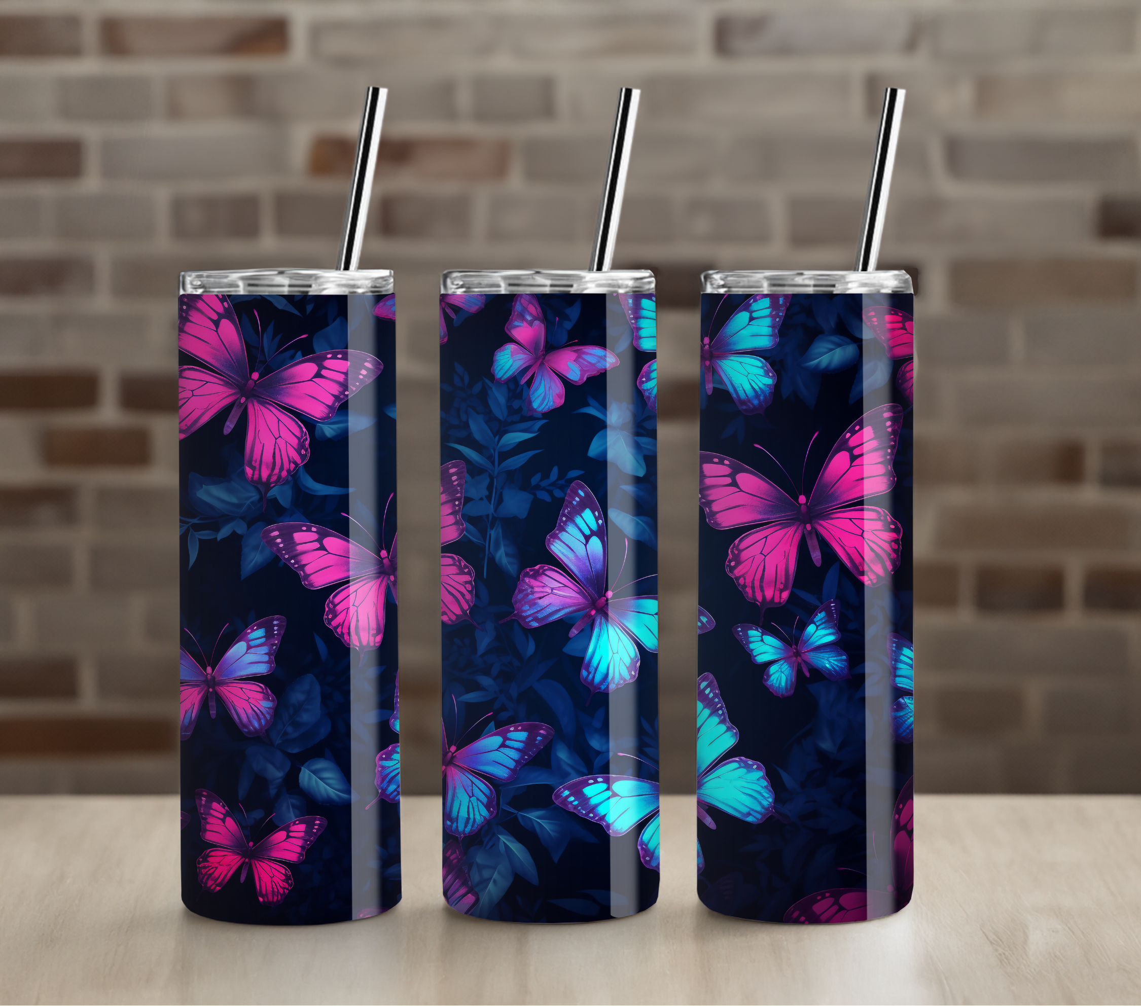 Neon Butterfly Glow Tumbler | Electric Purple and Blue Wings | 20oz Skinny Stainless Steel Cup
