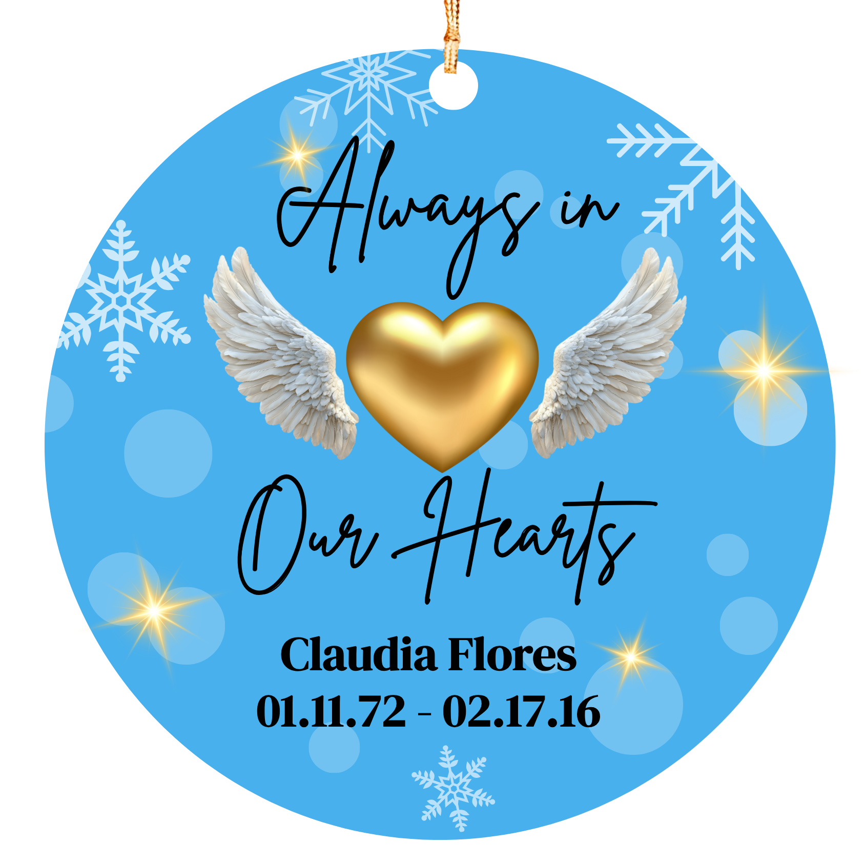 Personalized Memorial Ornament – “Always in Our Hearts” – Gold Heart with Angel Wings Keepsake