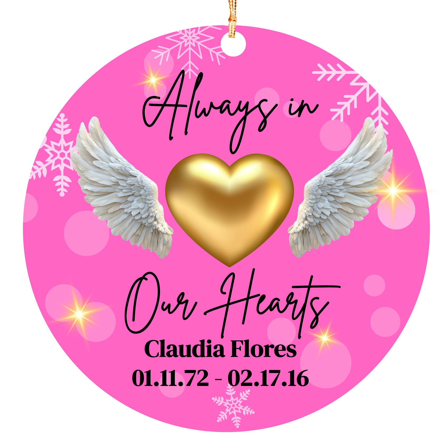 Personalized Memorial Ornament – “Always in Our Hearts” – Gold Heart with Angel Wings Keepsake