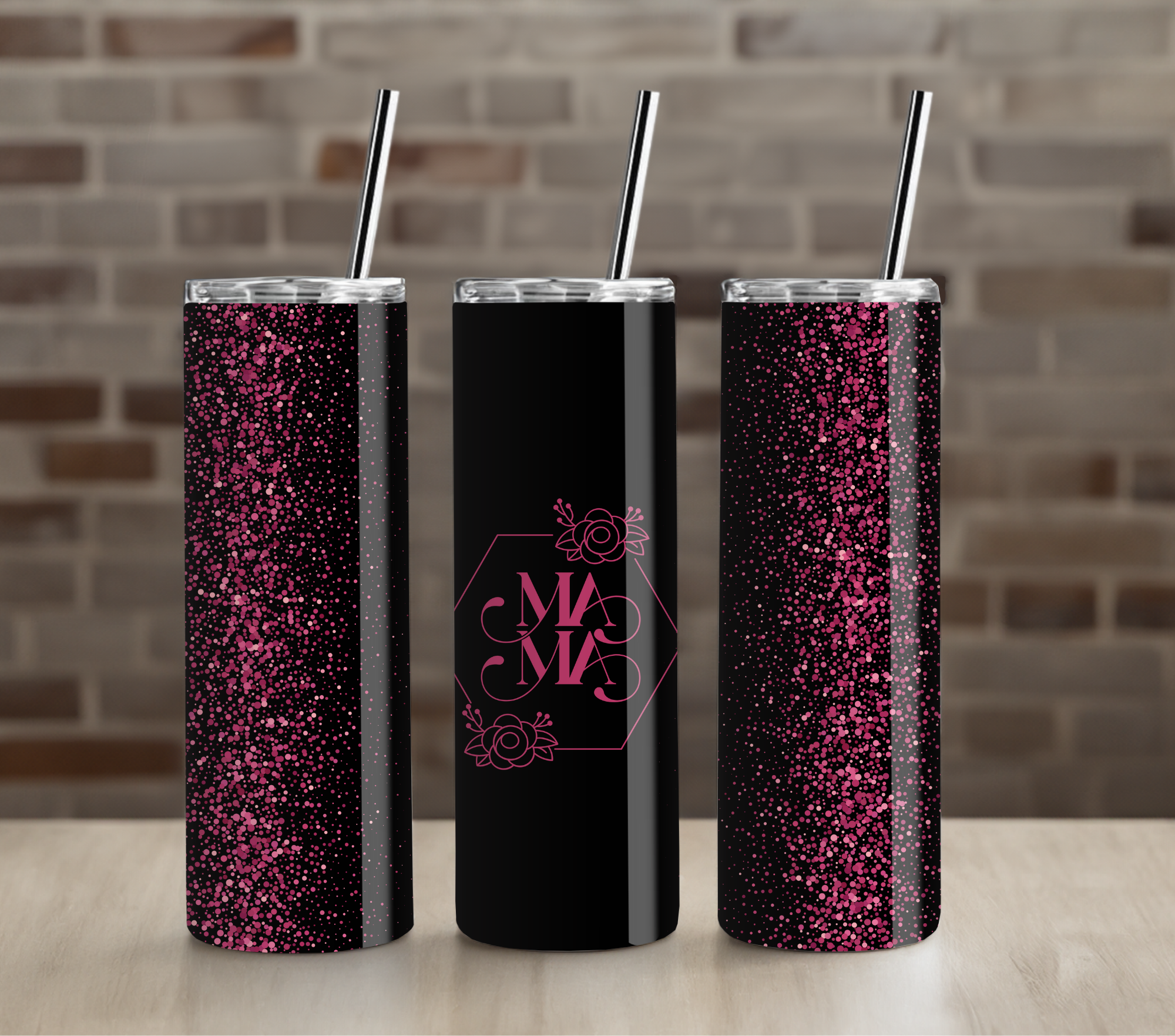 Black and Hot Pink Glitter Mama 20oz Tumbler Drinkware