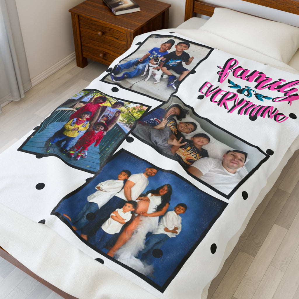 Photo Family Is Everything Black and White Polka Dot Blanket