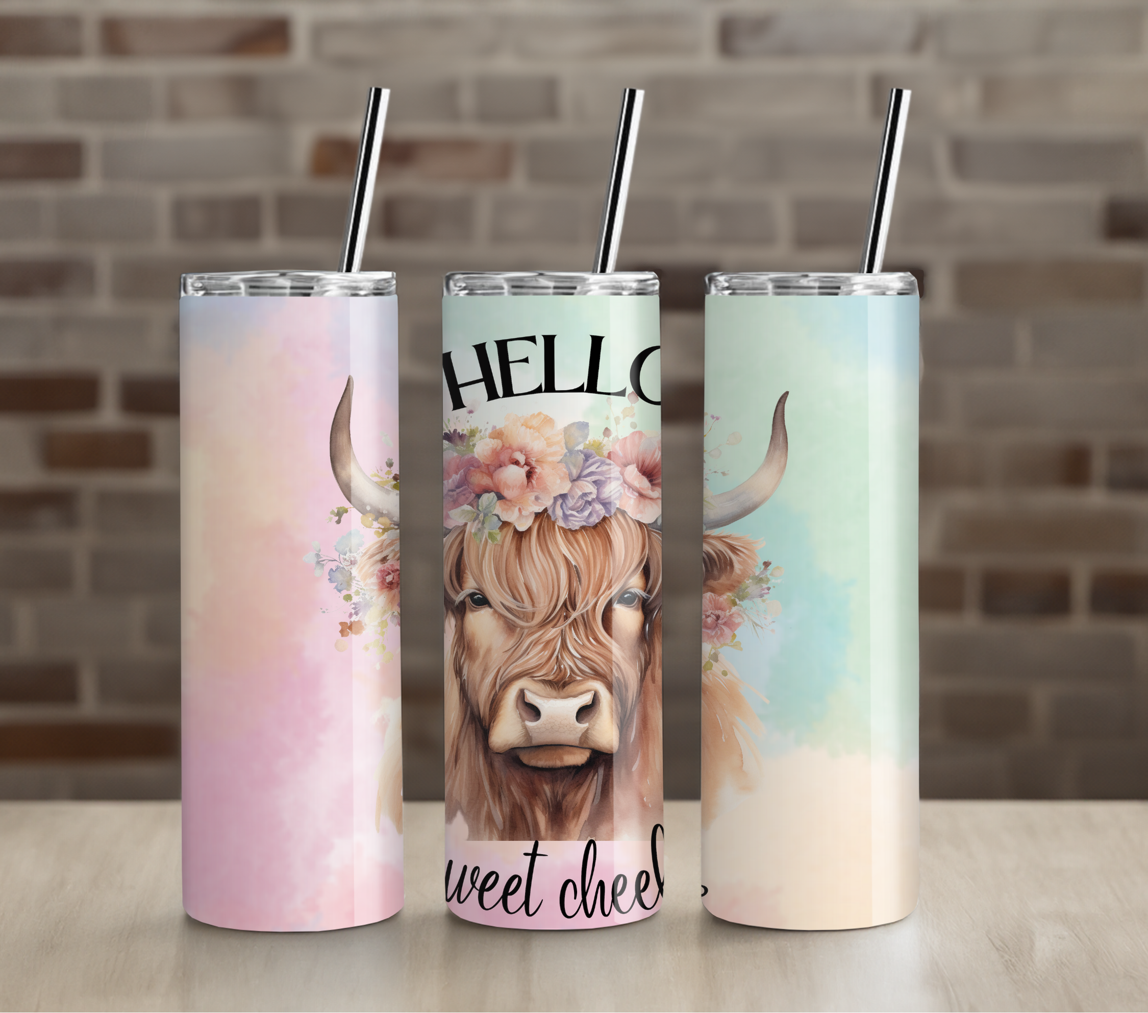 Highland Cow Hello Sweet Cheeks Tumbler | Floral Cow Art | 20oz Skinny Insulated Cup