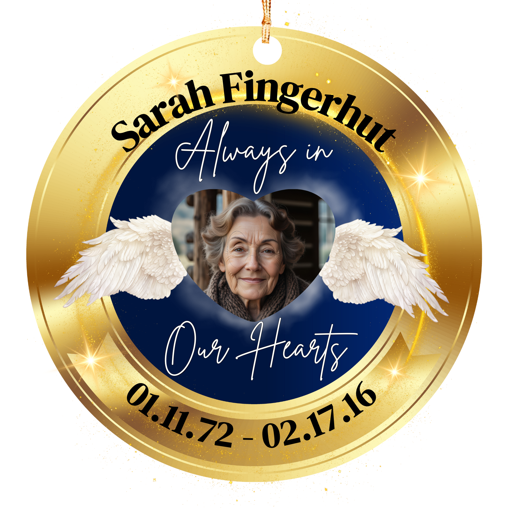 Luxury Personalized Photo Memorial Ornament – Always in Our Hearts – Gold & Navy Angel Wings Remembrance Christmas Keepsake with Name & Dates