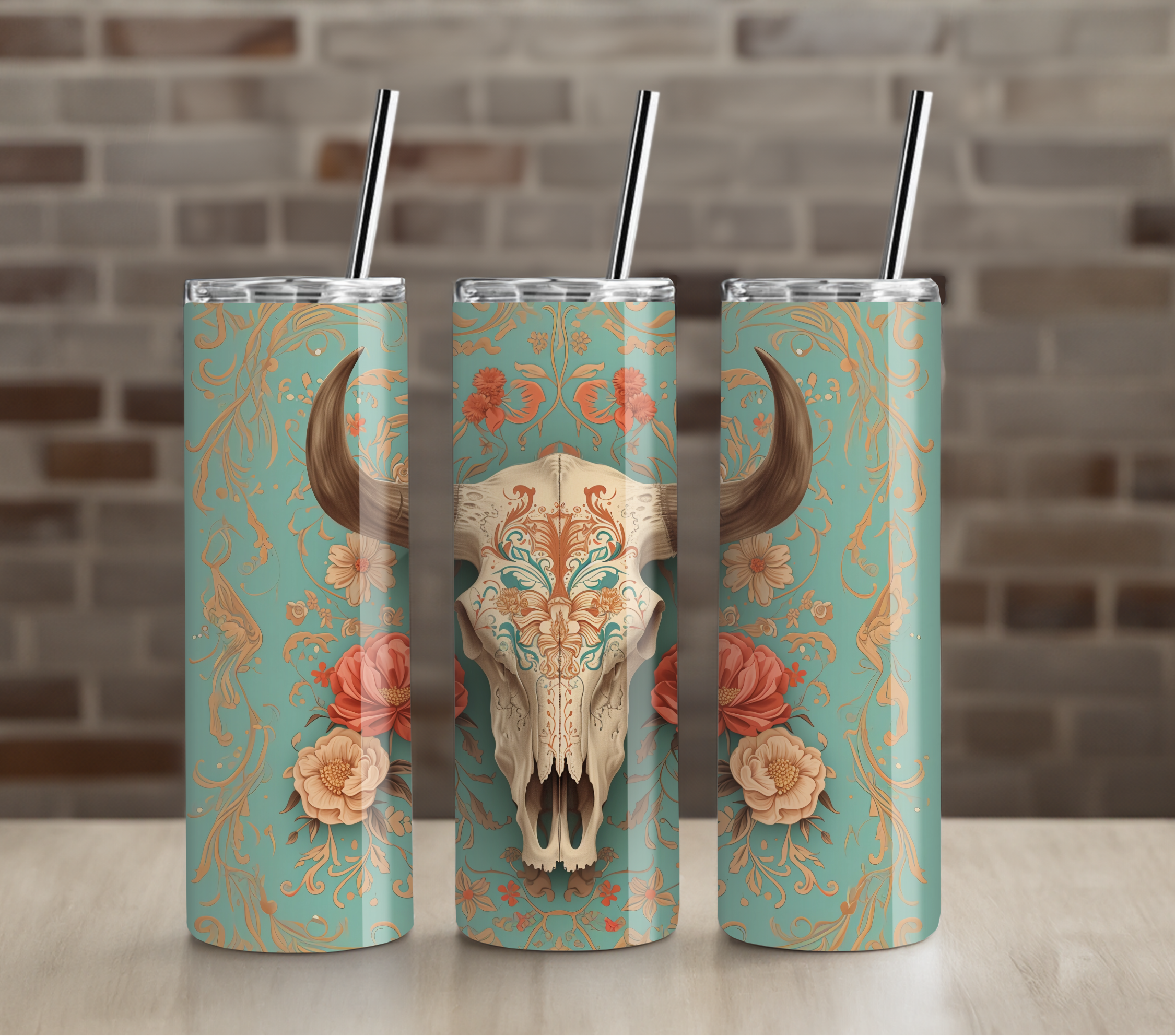 Western Floral Bull Skull Tumbler | Boho Cow Skull Art | 20oz Skinny Stainless Steel Cup