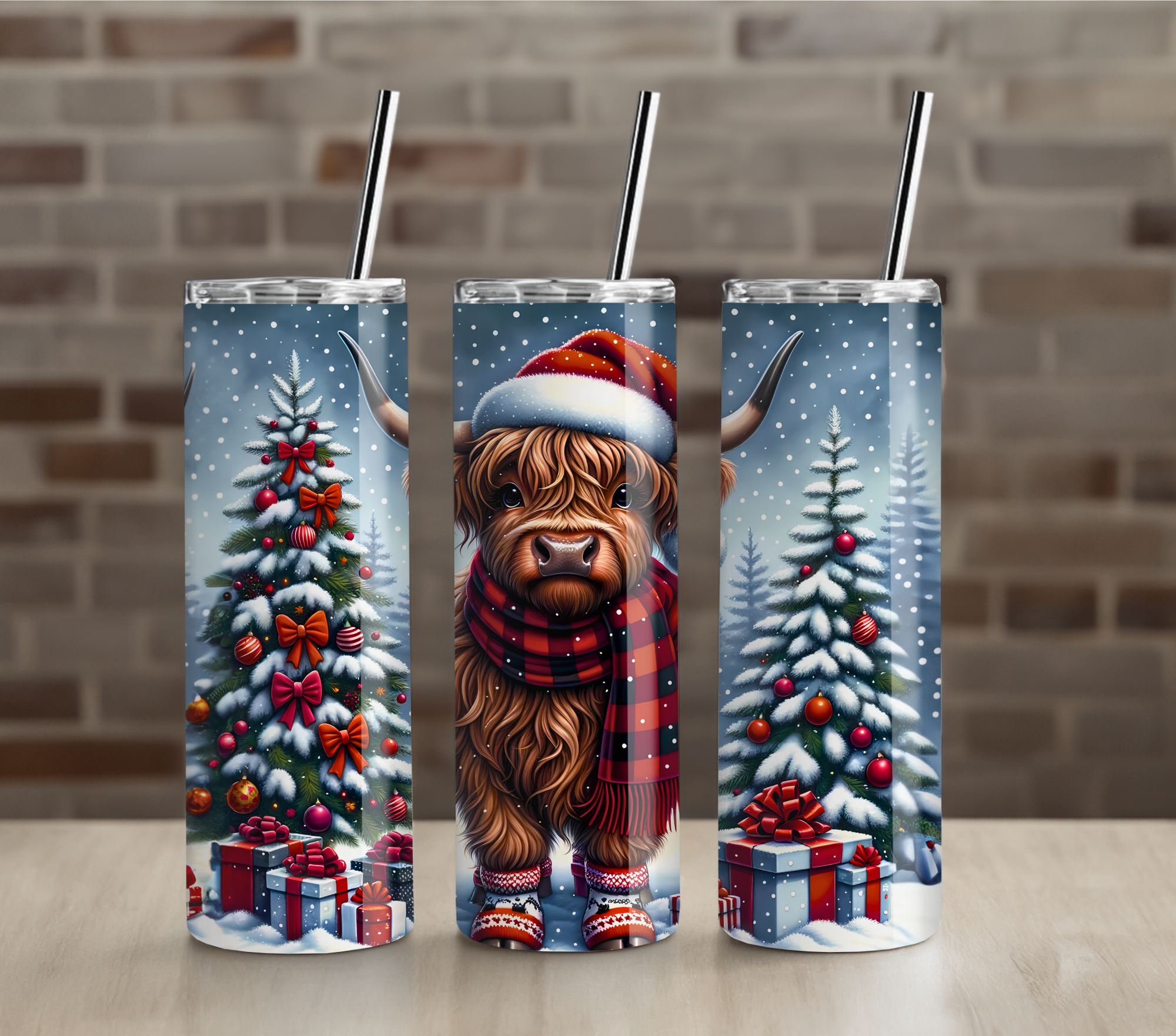 Highland Cow Christmas Tree 20oz Skinny Tumbler