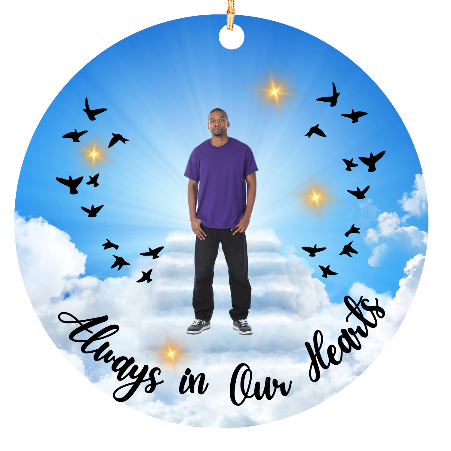 Esfera de Memorial Personalizado con Foto – “Siempre en Nuestros Corazones” – Ángel en el Cielo Recuerdo de Amor y Simpatía Navidad (Spanish Memorial Photo Ornament – Always in Our Hearts Angel Sky Remembrance Keepsake)