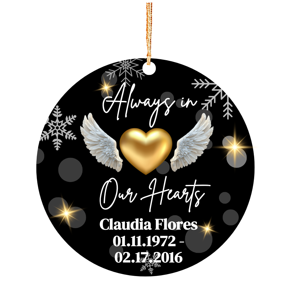 Personalized Memorial Ornament – “Always in Our Hearts” – Gold Heart with Angel Wings Keepsake